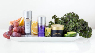 Skincare Products with Fruits and Veggies on a Plate