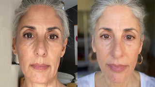 Tami's skin before and after menopause skincare routine featuring Emepelle MEP Technology — improved firmness, reduced fine lines, and restored radiance in post-menopausal skin