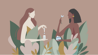 an illustration of two women holding skincare products surrounded by plants