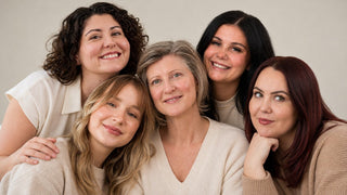 Five Art of Skin Care team members smiling together in soft neutral tones, reflecting the warmth and personalized care of our esthetician-led skincare team.