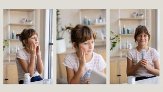 trio of photos of a child applying skincare