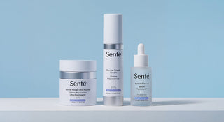 Three Sente dermal repair products side by side on a  blue background