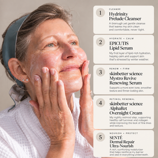 eana’s five-step winter PM skincare routine featuring Hydrinity Prelude Cleanser, EPICUTIS Lipid Serum, skinbetter Mystro Revive, AlphaRet Overnight Cream, and SENTÉ Dermal Repair Ultra-Nourish.