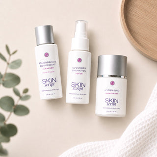 Skin Script cleanser, cucumber mist, and moisturizer arranged in a flat lay for a healthy aging skincare routine.