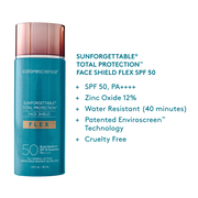 Colorescience Sunforgettable Total Protection Face Shield Flex SPF50 key features infographic showing SPF50 PA++++, Zinc Oxide 12%, water resistant 40 minutes, patented Enviroscreen Technology and cruelty free