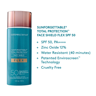 Colorescience Sunforgettable Total Protection Face Shield Flex SPF50 key features infographic showing SPF50 PA++++, Zinc Oxide 12%, water resistant 40 minutes, patented Enviroscreen Technology and cruelty free