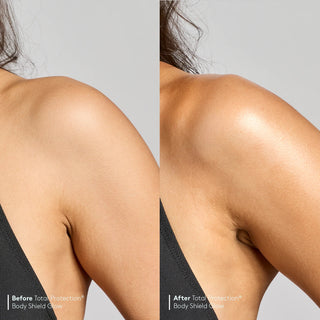 Colorescience Total Protection Body Shield Glow SPF 50 before and after comparison showing visibly more luminous and glowing skin on shoulder