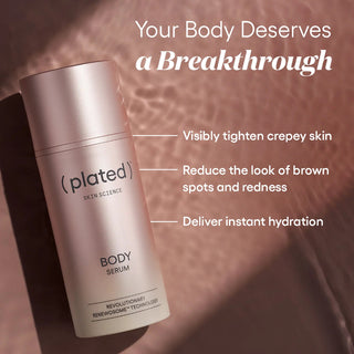 Plated Body Serum bottle with Renewosome Technology, tightens skin and reduces brown spots