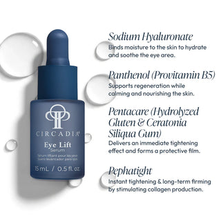 Circadia Eye Lift Serum dropper bottle with key ingredients: Sodium Hyaluronate for hydration, Panthenol Provitamin B5 for regeneration, Pentacare for instant tightening, and Pephatight for long-term firming and collagen stimulation