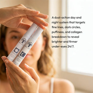 Woman holding Circadia Full Circle Eye Repair System day and night eye cream set, a dual-action system targeting fine lines, dark circles, puffiness, and collagen breakdown for brighter under-eyes around the clock