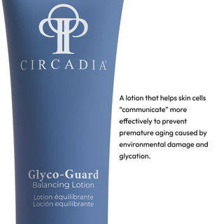 Circadia Glyco-Guard Balancing Lotion blue tube close-up — anti-glycation lotion that prevents premature aging caused by environmental damage and sugar-induced skin stress