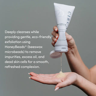 Circadia Micro-Exfoliating Honey Cleanser with HoneyBeads beeswax microbeads being dispensed from white tube into a hand, 198ml / 6.7 fl oz