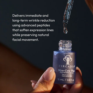 Hand holding Circadia Myo-Cyte Plus Anti-Wrinkle Serum 15ml navy bottle with dropper dispensing serum — advanced peptide serum that delivers immediate and long-term wrinkle reduction while preserving natural facial movement