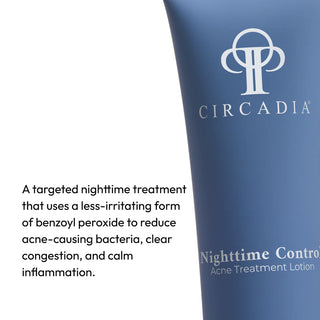Circadia Nighttime Control Acne Treatment Lotion blue tube close-up — targeted overnight acne treatment with encapsulated benzoyl peroxide to reduce bacteria, clear congestion, and calm inflammation