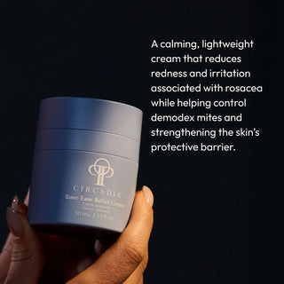 Hand holding Circadia Rose-Ease Relief Cream jar, a calming lightweight cream that reduces rosacea-related redness and irritation while controlling demodex mites and strengthening the skin barrier