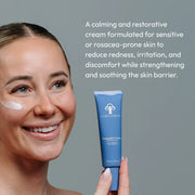 Woman applying Circadia Tranquili-Cream Calming Lotion to her cheek, a calming and restorative cream that reduces redness, irritation, and discomfort while strengthening the skin barrier for sensitive and rosacea-prone skin