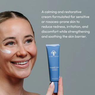 Woman applying Circadia Tranquili-Cream Calming Lotion to her cheek, a calming and restorative cream that reduces redness, irritation, and discomfort while strengthening the skin barrier for sensitive and rosacea-prone skin