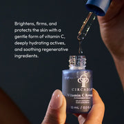 Hand dispensing Circadia Vitamin C Reversal Antioxidant Serum from dropper bottle, a gentle brightening serum that firms, protects, and hydrates with stabilized vitamin C and soothing regenerative ingredients