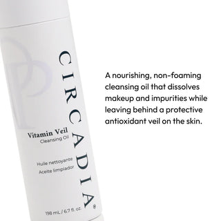 Circadia Vitamin Veil Cleansing Oil bottle on white background — nourishing non-foaming oil that dissolves makeup and impurities while leaving an antioxidant veil on the skin
