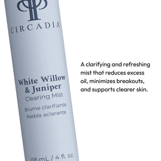 Circadia White Willow & Juniper Clearing Mist 118ml bottle — clarifying facial spray that reduces excess oil, minimizes breakouts, and supports clearer skin