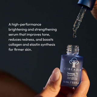 Hand dispensing Circadia Serum 71 Renewal Serum from dropper bottle, a high-performance brightening serum that improves tone, reduces redness, and boosts collagen and elastin for firmer skin