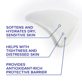 iS Clinical Sheald Recovery Balm white cream swipe with benefits: softens and hydrates dry sensitive skin, helps with tightness and distressed skin, and provides antioxidant-rich protective barrier