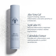 Circadia Aloe & Calendula Calming Mist bottle with water droplets, highlighting key ingredients: aloe vera gel, SepiCalm VG, and calendula extract for sensitive skin