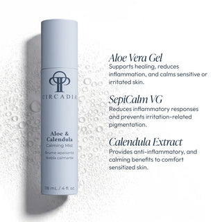 Circadia Aloe & Calendula Calming Mist bottle with water droplets, highlighting key ingredients: aloe vera gel, SepiCalm VG, and calendula extract for sensitive skin