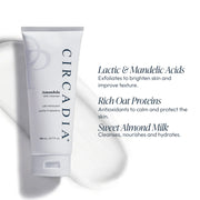 Circadia Amandola Milk Cleanser tube with cream texture, featuring lactic and mandelic acids, oat proteins, and sweet almond milk