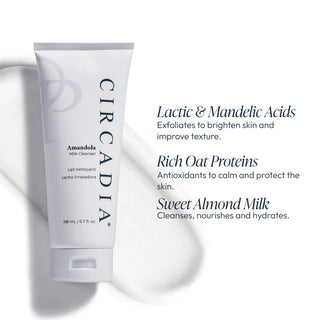Circadia Amandola Milk Cleanser tube with cream texture, featuring lactic and mandelic acids, oat proteins, and sweet almond milk