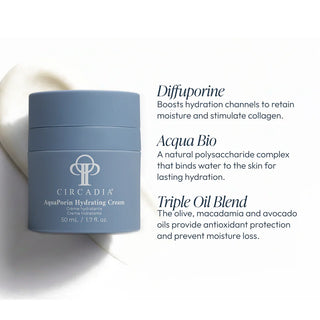Circadia AquaPorin Hydrating Cream jar with key ingredients: Diffuporine to boost hydration channels and stimulate collagen, Acqua Bio polysaccharide complex for lasting moisture binding, and Triple Oil Blend of olive macadamia and avocado oils for antioxidant protection