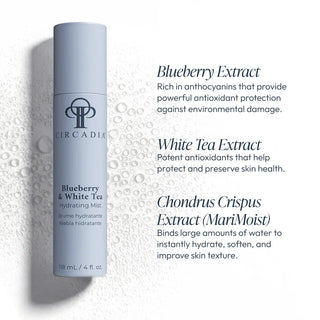 Circadia Blueberry and White Tea Hydrating Mist 118ml with key ingredients blueberry extract anthocyanins, white tea extract antioxidants, and Chondrus Crispus MariMoist for instant hydration