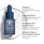 Circadia Chrono-Calm Calming Serum dropper bottle with key ingredients: Telangyn to reduce redness, MAXnolia Blend to neutralize inflammation, Provitamin B5 and Algae Extracts for repair and hydration, and Aldavine Ginger and Marshmallow Extracts to calm irritation