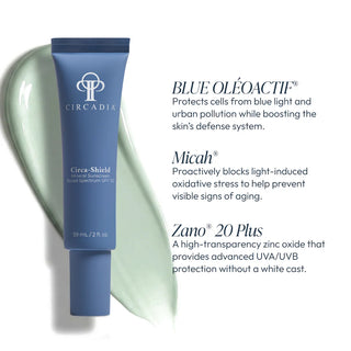 Circadia Circa-Shield Mineral Sunscreen SPF 30 59ml blue tube with key ingredients: Blue Oléoactif for blue light protection, Micah to prevent oxidative aging, and Zano 20 Plus zinc oxide for no-white-cast UVA/UVB coverage