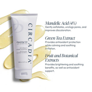 Circadia Cleansing Gel with Mandelic Acid 198ml tube with key ingredients 4% mandelic acid, green tea extract, and fruit and botanical extracts for exfoliation and brightening