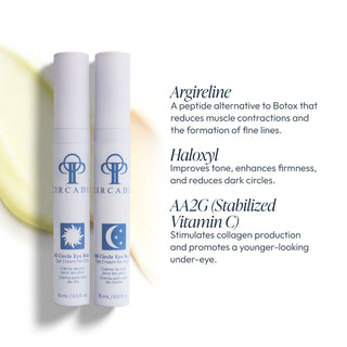Circadia Full Circle Eye Repair System day and night eye cream duo with key ingredients: Argireline peptide to reduce fine lines, Haloxyl to diminish dark circles, and AA2G Stabilized Vitamin C to boost collagen