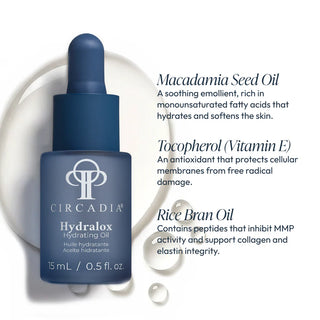 Circadia Hydralox Hydrating Oil dropper bottle with key ingredients: Macadamia Seed Oil to hydrate and soften, Tocopherol Vitamin E for antioxidant protection against free radical damage, and Rice Bran Oil to support collagen and elastin integrity