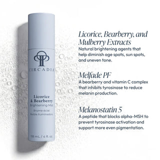 Circadia Licorice and Bearberry Brightening Mist 118ml with key ingredients licorice bearberry and mulberry extracts, Melfade PF bearberry vitamin C complex, and Melanostatin 5 peptide for even pigmentation