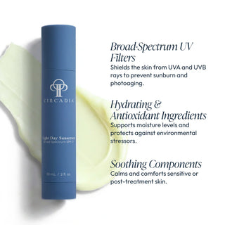 Circadia Light Day Sunscreen Broad Spectrum SPF 37 59ml blue bottle with key benefits: broad-spectrum UV filters for UVA/UVB protection, hydrating and antioxidant ingredients, and soothing components for sensitive and post-treatment skin