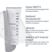 Circadia Lipid Replacing Cleansing Gel tube with key ingredients: Stepan Mild PCL for pH-balanced cleansing, Panthenol Provitamin B5 to regenerate and soothe, Allantoin to calm irritation, and Mallow Leaf and Seaweed Extracts for anti-inflammatory protection