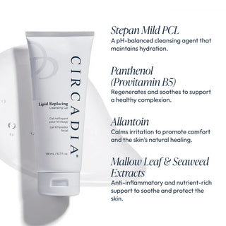 Circadia Lipid Replacing Cleansing Gel tube with key ingredients: Stepan Mild PCL for pH-balanced cleansing, Panthenol Provitamin B5 to regenerate and soothe, Allantoin to calm irritation, and Mallow Leaf and Seaweed Extracts for anti-inflammatory protection