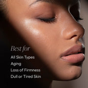 Close-up portrait with text overlay — Circadia MeriStem Antioxidant Serum is best for all skin types, aging, loss of firmness, and dull or tired skin
