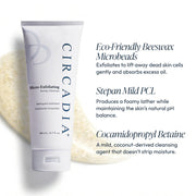 Circadia Micro-Exfoliating Honey Cleanser white tube with key ingredients – eco-friendly beeswax microbeads, Stepan Mild PCL, and Cocamidopropyl Betaine