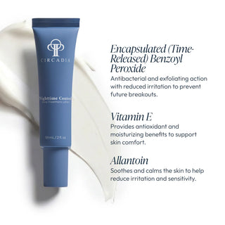 Circadia Nighttime Control Acne Treatment Lotion 59ml blue tube with key ingredients: time-released benzoyl peroxide, vitamin E, and allantoin for overnight acne treatment