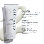 Circadia Nourish Cream Cleanser 198ml tube with cream texture swatch, highlighting key ingredients: Pentavitin, allantoin, and aloe vera gel for dry and sensitive skin