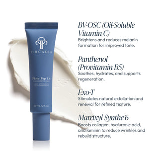 Circadia Phito-Pep 1.6 Antioxidant Lotion tube with key ingredients: BV-OSC Vitamin C for brightening, Panthenol for hydration, Exo-T for exfoliation, and Matrixyl Synthe'6 for wrinkle reduction