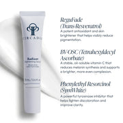 Circadia Radiant Brightening Serum 15ml tube with key ingredients ReguFade trans-resveratrol, BV-OSC tetrahexyldecyl ascorbate vitamin C, and Phenylethyl Resorcinol SymWhite tyrosinase inhibitor