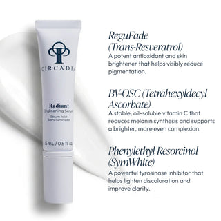 Circadia Radiant Brightening Serum 15ml tube with key ingredients ReguFade trans-resveratrol, BV-OSC tetrahexyldecyl ascorbate vitamin C, and Phenylethyl Resorcinol SymWhite tyrosinase inhibitor