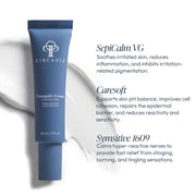 Circadia Tranquili-Cream Calming Lotion tube with key ingredients: SepiCalm VG to soothe irritation and reduce inflammation, Caresoft to repair the epidermal barrier, and Symsitive 1609 to calm hyper-reactive nerves and relieve stinging and burning