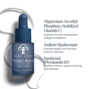 Circadia Vitamin C Reversal Antioxidant Serum dropper bottle with key ingredients: Magnesium Ascorbyl Phosphate Stabilized Vitamin C to brighten and prevent collagen breakdown, Sodium Hyaluronate for deep hydration, and Panthenol Provitamin B5 to soothe and heal